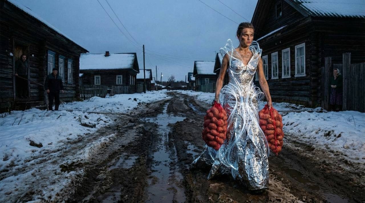 Модель в серебряном платье с красными сетками